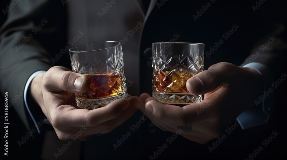 Person holding two glasses of whiskey. AI