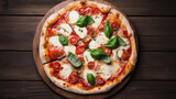 Pizza margherita with tomatoes and basil on a wooden background. AI