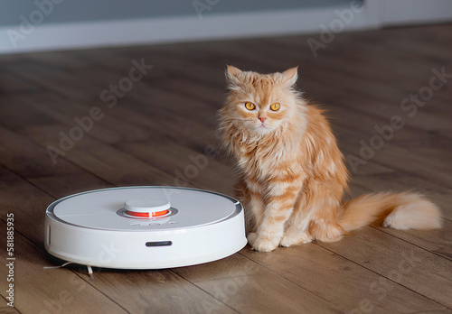 Robotic vacuum cleaner on the floor with ginger cat