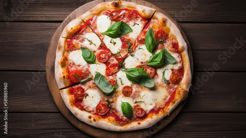 Pizza margherita with tomatoes and basil on a wooden background. AI