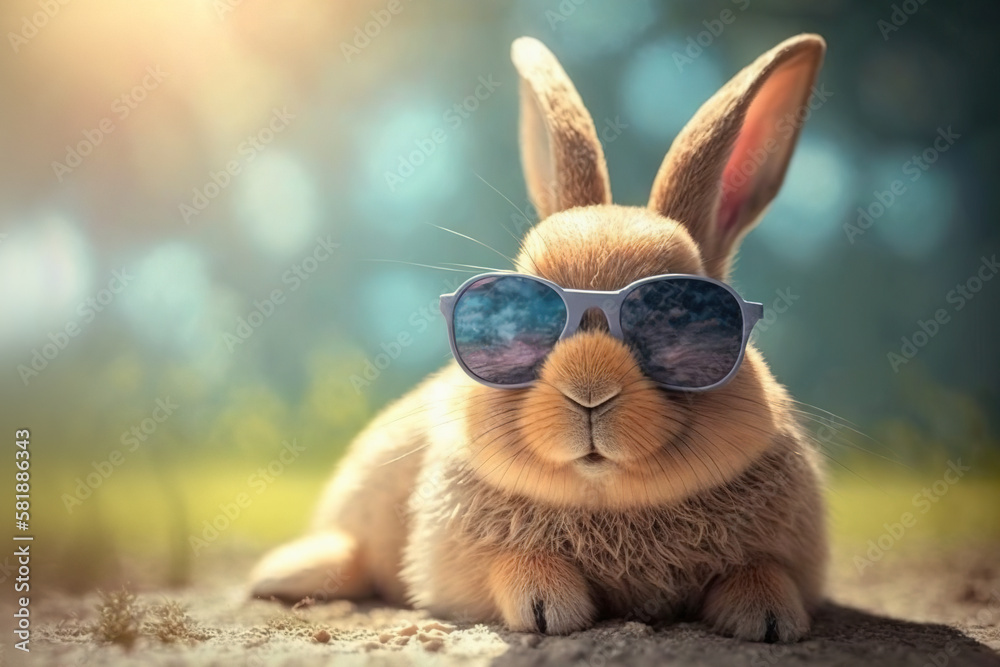 Funny Rabbit in fancy sunglasses. Cute bunny in sunglasses on a sunny day  lying in the nature in the sunlight. Generative Ai. Stock Illustration |  Adobe Stock