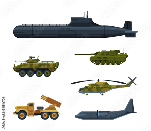 Aircraft, Submarine and Military Vehicle or Transport Equipment Vector Set