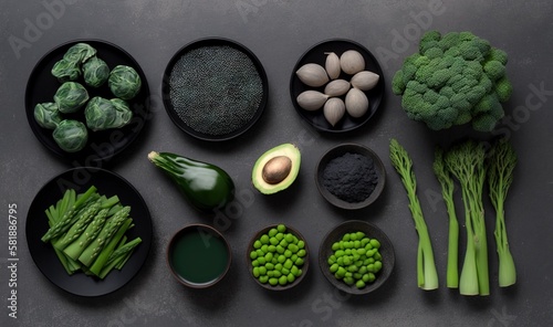  broccoli, peas, avocado, and other vegetables are arranged on black plates on a gray surface with a gray background.  generative ai
