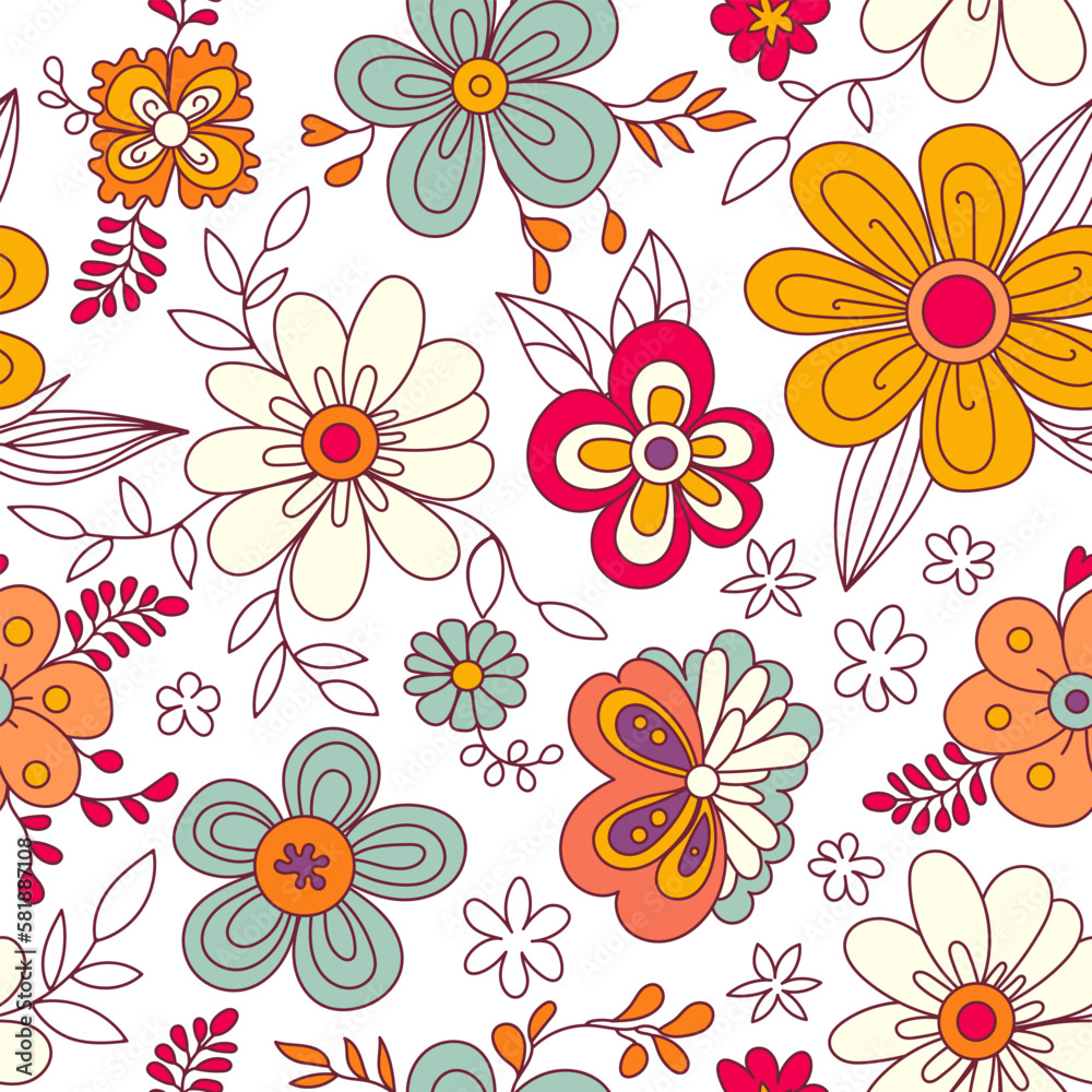 Colorful floral seamless pattern. Groovy flowers vector illustration, hippie aesthetic. Funny multicolored print for fabric, paper, any surface design.