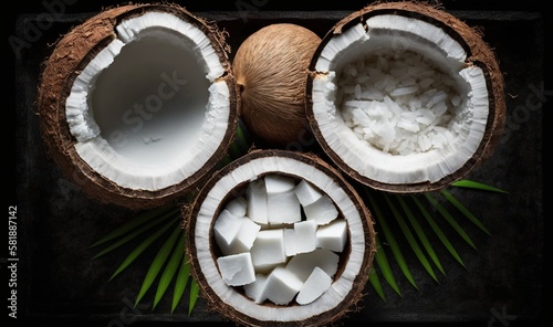  coconuts and coconut oil on a black surface with palm leaves and a coconut shell on the side of the image, top view, with a dark background. generative ai