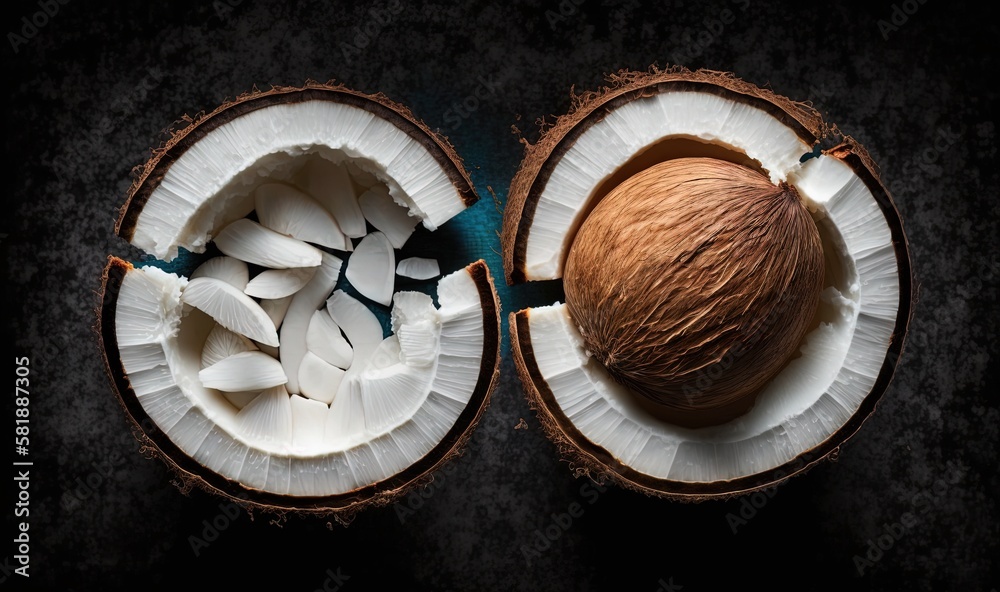 two halves of a coconut and a whole coconut on a black background with a blue stripe around the top of the two halves of the coconut. generative ai two halves of a coconut and a whole coconut on a black background with a blue stripe around the top of the two halves of the coconut. generative ai