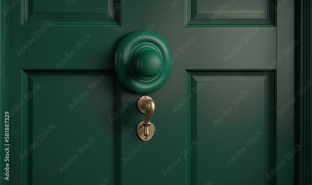 a green door with a brass handle and a green door knob on it's side