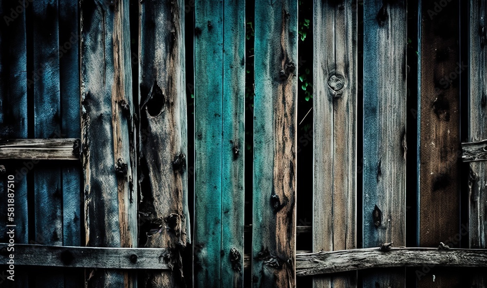  a close up of a wooden fence with blue paint on the wood and a green paint on the door handle of the fence and the door.  generative ai