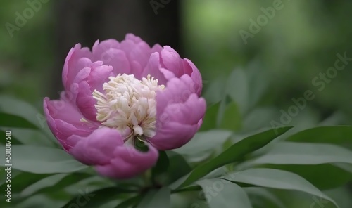  a close up of a pink flower with green leaves in the foreground and a blurry background of trees in the background with only one flower.  generative ai