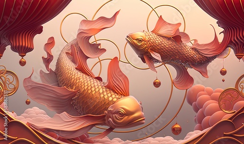  a painting of two gold fish swimming in a pond of water with red curtains around them and a red curtain hanging from the ceiling above them. generative ai