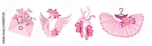Ballet Accessories with Envelope, Swan, Tutu Skirt and Pointe-shoes Vector Set