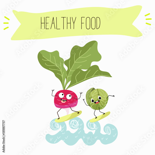 Illustration with funny characters cabbage, brussels, sprouts, radish   Funny and healthy food. Vitamins, cute face food, ingredients, vegetarian, vector cartoon, agriculture, raw.