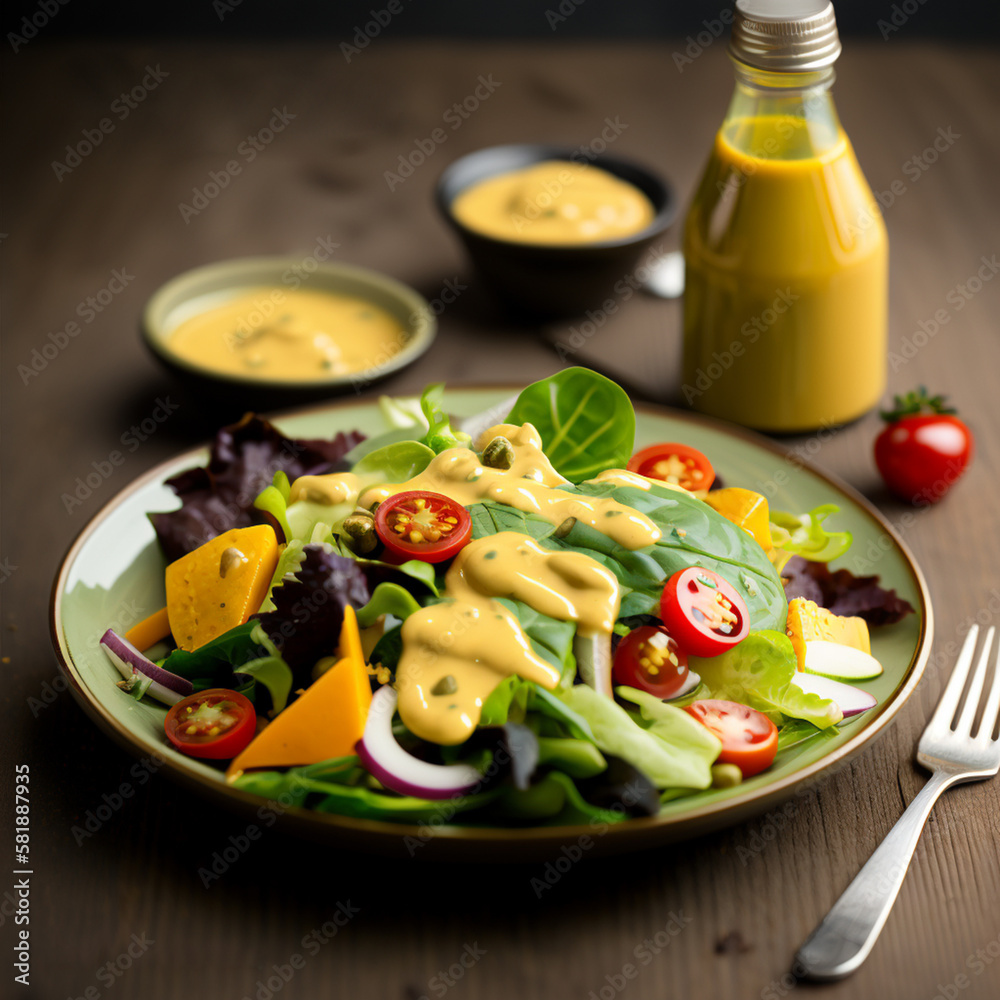 Vegan vegetarian salad with tomatoes and mustard sauce