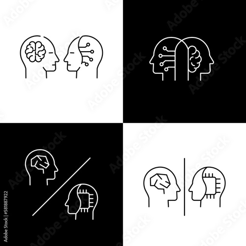 Human vs AI icon. Man vs Machine icon. Human-Computer Interaction icon. Editbale stroke.
