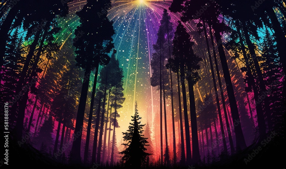  a forest filled with lots of trees under a colorful sky filled with stars and a bright light above it and a star in the sky above the trees.  generative ai