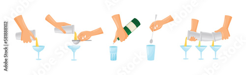 Bartender Hands Pouring and Mixing Cocktails in Glass Vector Set