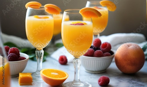  a table topped with glasses of orange juice next to bowls of berries and oranges and a pitcher of orange juice and a pitcher of orange juice. generative ai