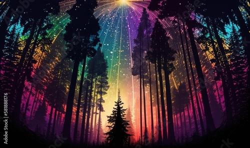  a forest filled with lots of trees under a colorful sky filled with stars and a bright light above it and a star in the sky above the trees.  generative ai