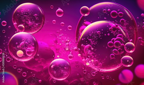  a bunch of bubbles that are on a purple background with pink and purple colors in the middle of the bubbles are bubbles of different sizes.  generative ai