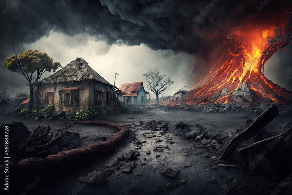 Destroyed buidings in city after volcano eruption. Abandoned village