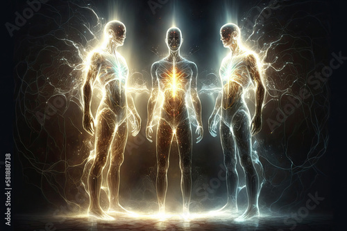 Levitating human souls in heaven. Astral body and after life concept. Transfer of human consciousness to another world. Created with Generative AI