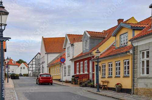 Along the street in bogense, bogense is a harbor town on the kattegat on northern fyn, denmark, scandinavia, europe, 