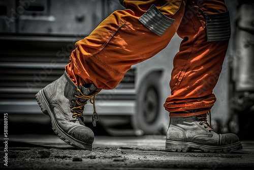 Worker wearing protective shoes at construction site. Working safety boots for protection accident in factory. Created with Generative AI photo