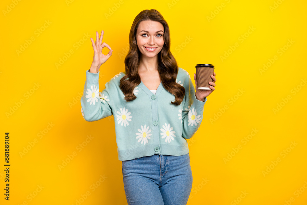 Photo of young positive business lady wear stylish daisy flowers print cardigan show okey symbol morning coffee isolated on yellow color background Photo of young positive business lady wear stylish daisy flowers print cardigan show okey symbol morning coffee isolated on yellow color background