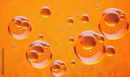  a group of bubbles floating on top of a yellow surface with water droplets on it and on top of a yellow surface with a yellow background. generative ai