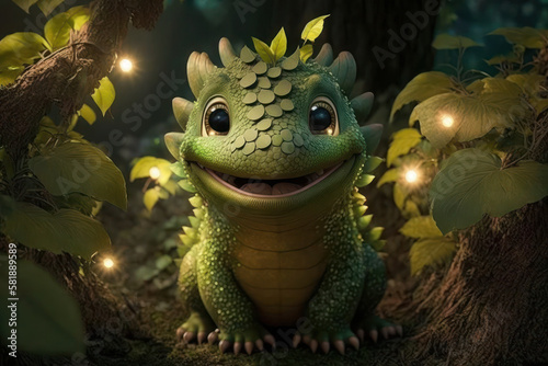 a small  cute green dragon in the grass. flowers and lights. spring or summer. AI Generative