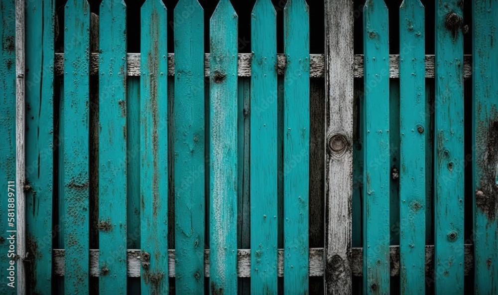  a close up of a metal fence with blue paint on the top and bottom of the fence and the bottom of the fence is painted teal green.  generative ai