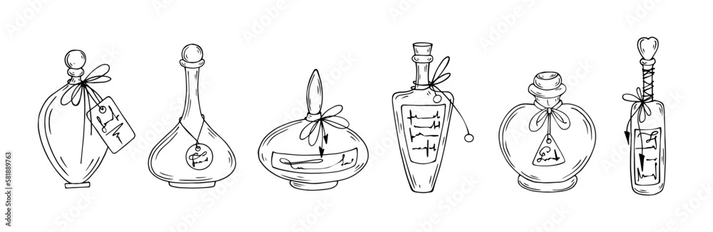 Linear sketch of vintage perfume bottles.Vector graphics.