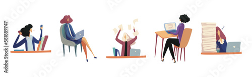Business Woman Character and Office Employee at Laptop and with Paperwork Vector Set