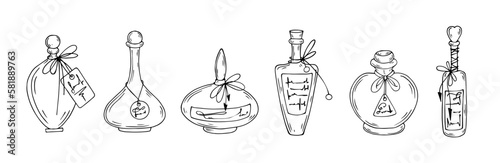 Linear sketch of vintage perfume bottles.Vector graphics.