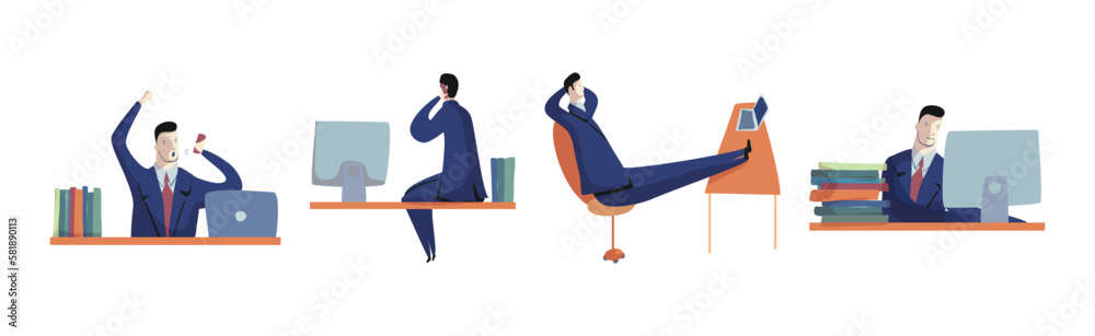 Business Man Character and Office Employee Engaged in Different Activity Vector Set