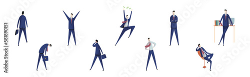 Business Man Character and Office Employee Engaged in Different Activity Vector Set