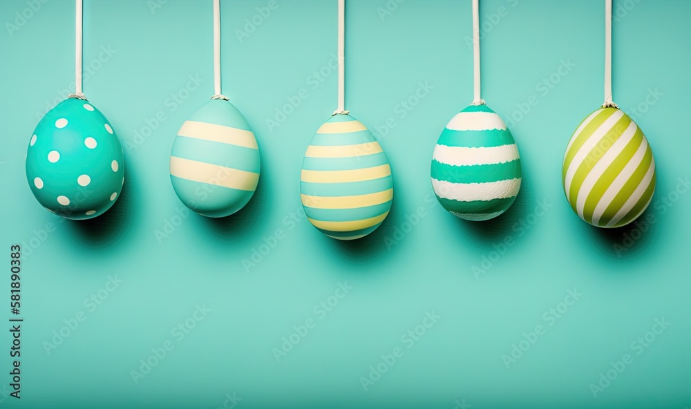 a row of colorful easter eggs hanging from a line on a blue background with white polka dotes and green and yellow stripes on them. generative ai a row of colorful easter eggs hanging from a line on a blue background with white polka dotes and green and yellow stripes on them. generative ai