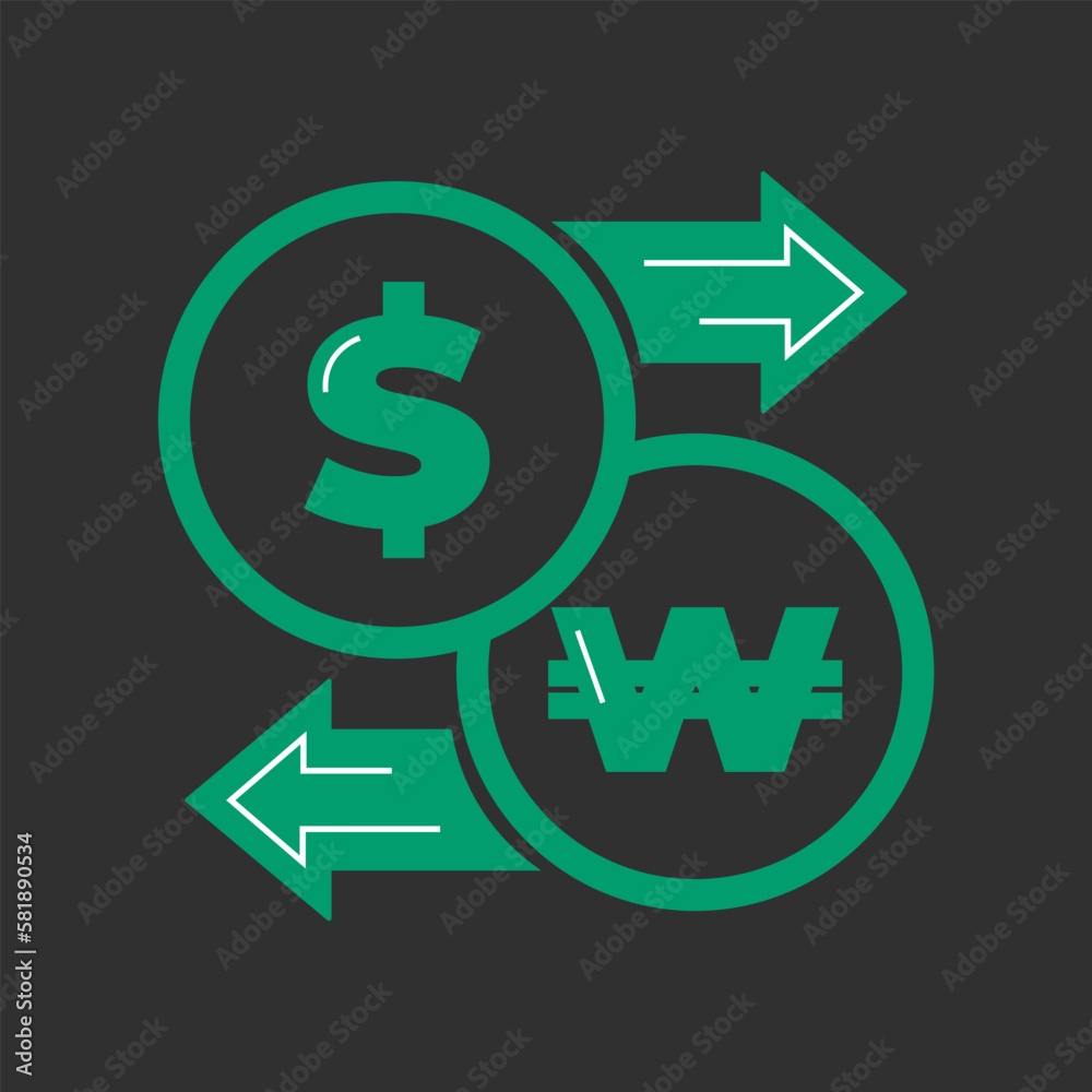 Vector illustration. Currency exchange. Money conversion. Dollar to won icon isolated on black background green color. Dollar to South Korean Won exchange icon with arrow. USD KRW
Vector illustration. Currency exchange. Money conversion. Dollar to won icon isolated on black background green color. Dollar to South Korean Won exchange icon with arrow. USD KRW