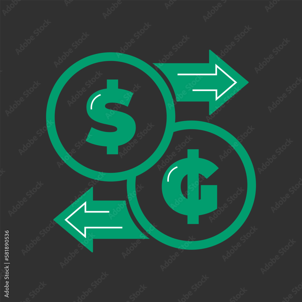 Vector illustration. Currency exchange. Money conversion. Dollar to guarani icon isolated black green color. Dollar to Guarani exchange icon with arrow. Guarani to usd PYG Vector illustration. Currency exchange. Money conversion. Dollar to guarani icon isolated black green color. Dollar to Guarani exchange icon with arrow. Guarani to usd PYG