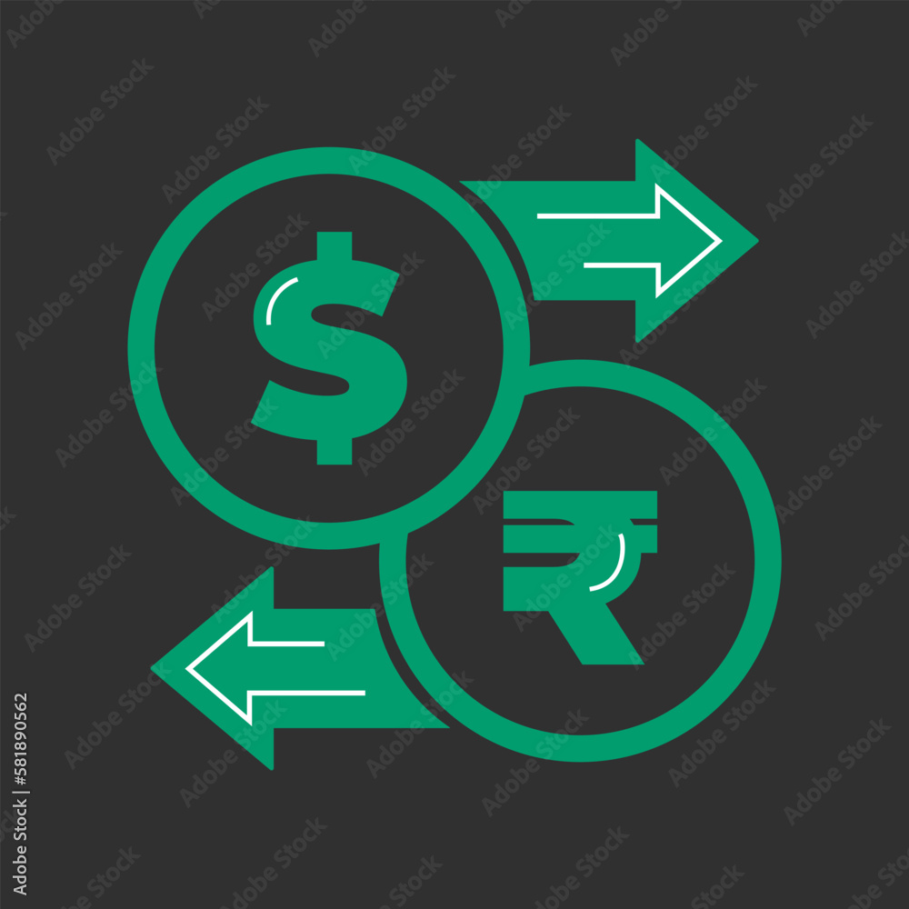 Vector currency exchange. Money conversion. Rupee to dollar icon isolated on white background. Dollar to rupee exchange icon with arrow USD INR