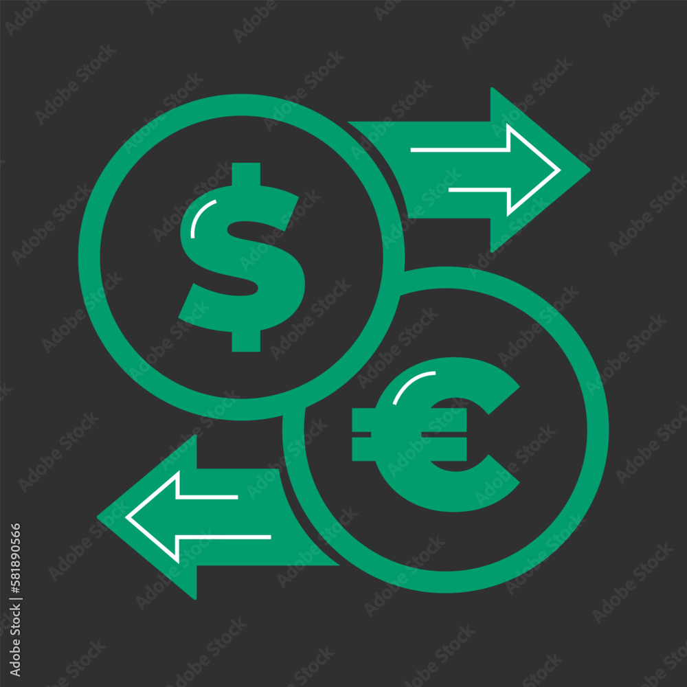 Vector illustration. Currency exchange. Money conversion. Dollar to euro icon isolated green color. Dollar to euro exchange icon with arrow USD EUR	