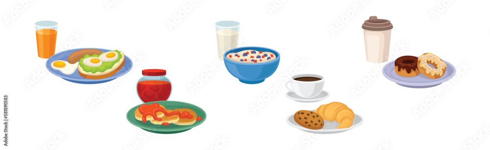 Breakfast Meal and Tasty Served Morning Food and Drinks Vector Set