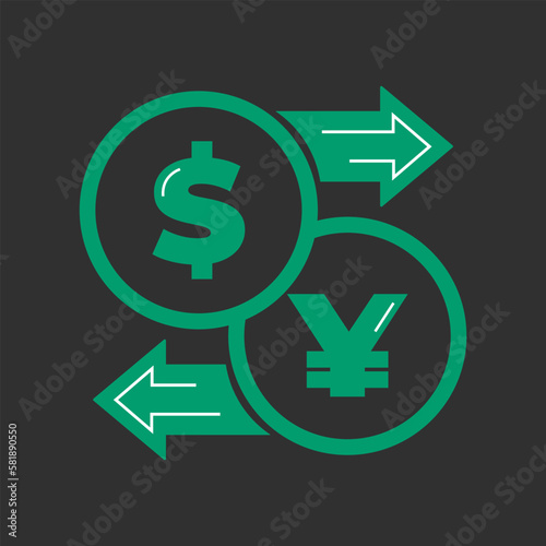 Vector illustration. Currency exchange. Money conversion. Dollar to yen yuan icon isolated black green color. Dollar to yuan exchange icon with arrow CNY JPY USD 