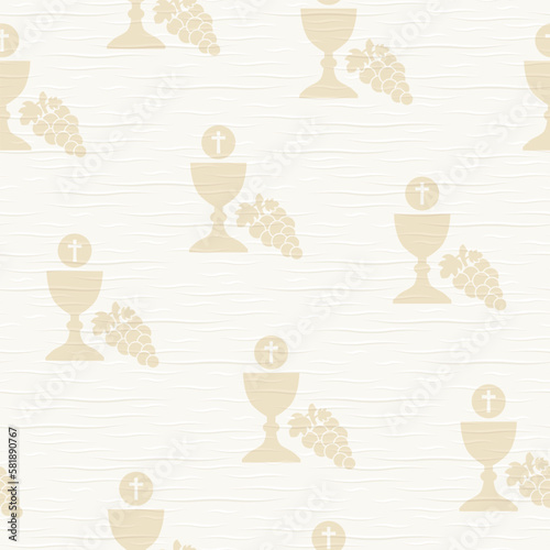 seamless paper texture with holy communion symbol, chalice with waffer and grapes- vector illustration