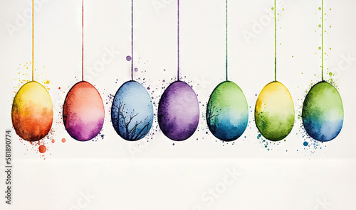  a group of eggs hanging from a line with watercolor paint splatters on them and a tree in the middle of the row.  generative ai