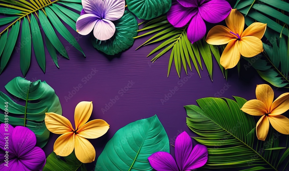  a bunch of flowers and leaves on a purple background with a place for a name on the bottom of the image and a place for the bottom of the image.  generative ai