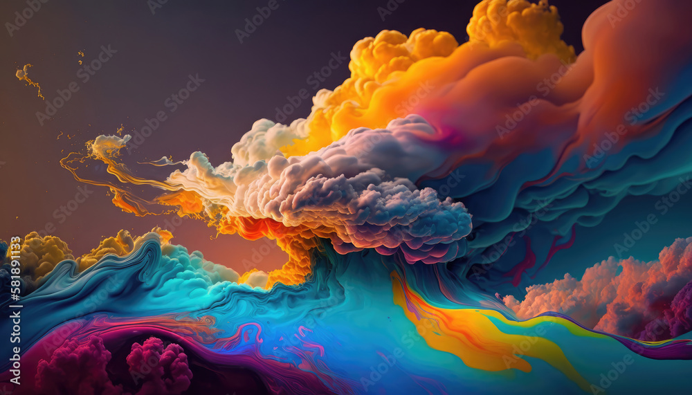 Abstract raimbow liquid paint clouds, 3d style luquid ink splash Generative AI background