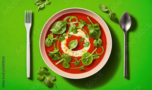  a bowl of tomato soup with basil leaves and a spoon on a green surface with a white plate and silverware on the side of the bowl. generative ai