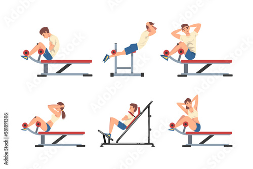 Man and Woman at Gym Training with Sport Machine Vector Set