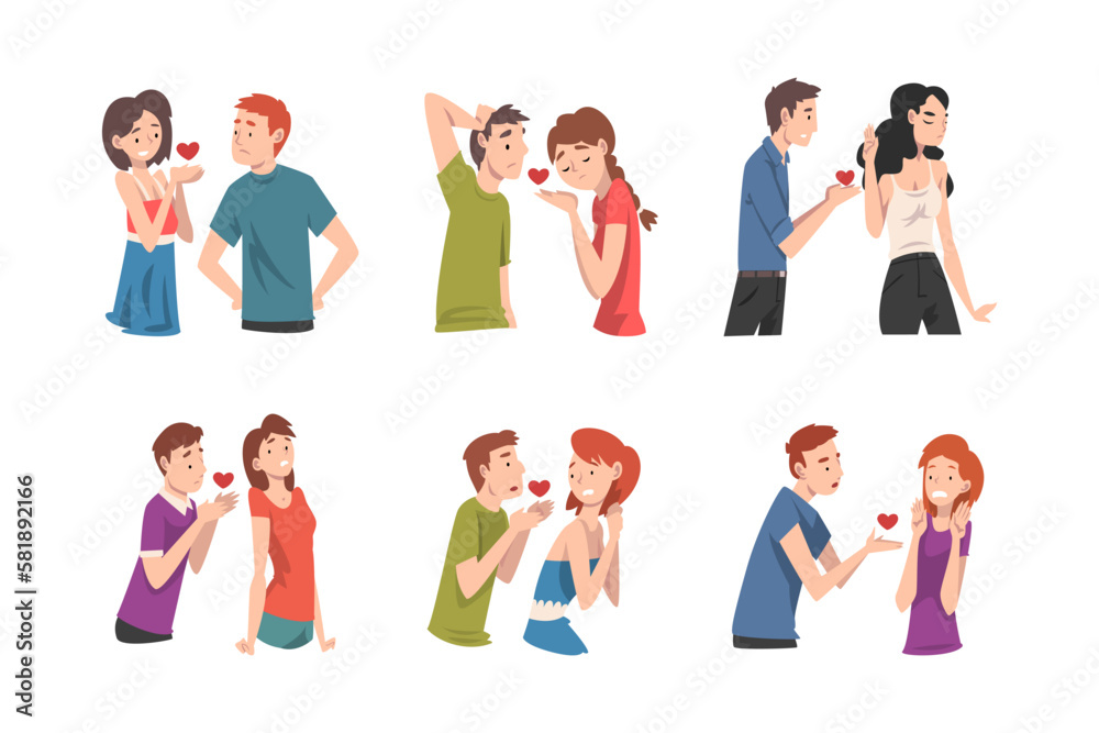 Man and Woman Experiencing Unrequited Love Feeling Vector Set
